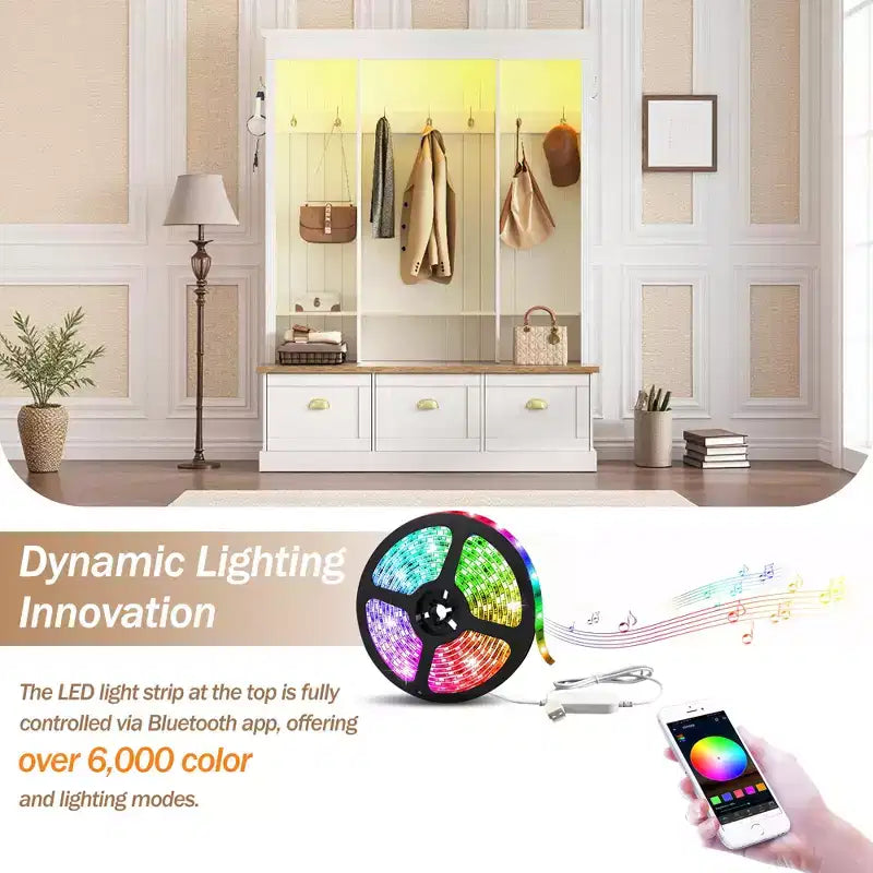 Porte-manteau de style ferme avec banc de rangement, armoires et lumières LED élégantes