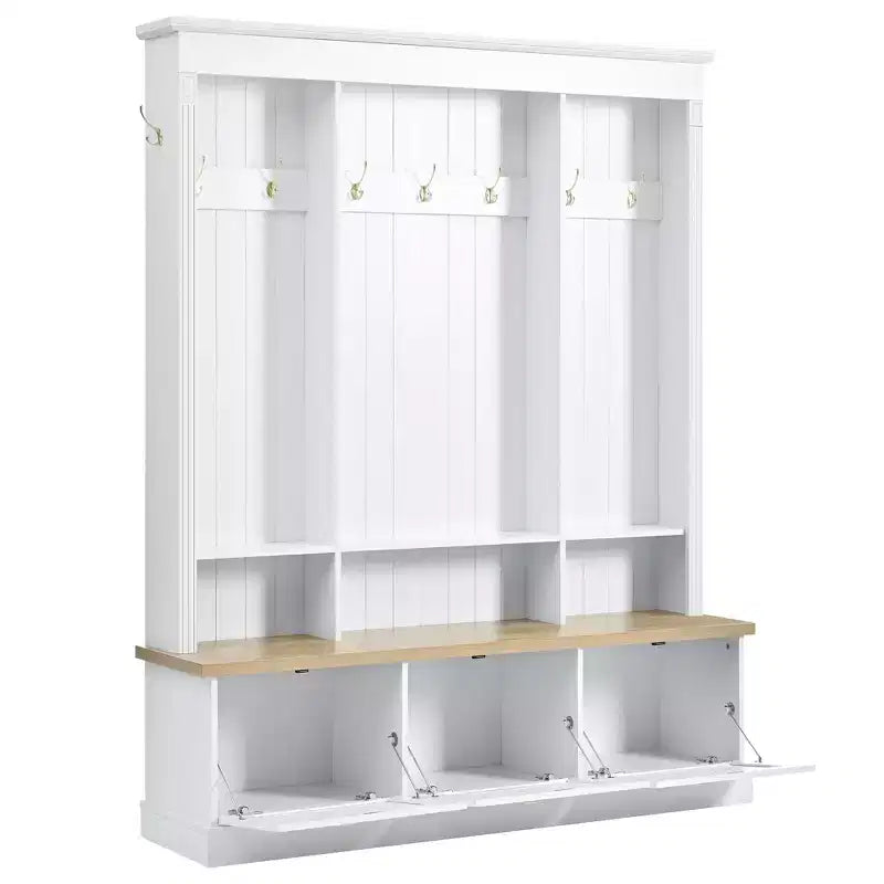 Porte-manteau de style ferme avec banc de rangement, armoires et lumières LED élégantes