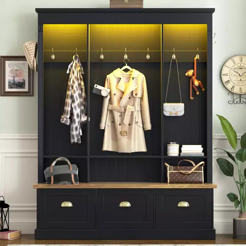 Porte-manteau de style ferme avec banc de rangement, armoires et lumières LED élégantes