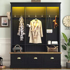 Porte-manteau de style ferme avec banc de rangement, armoires et lumières LED élégantes