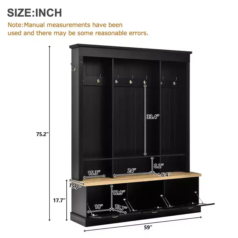 Porte-manteau de style ferme avec banc de rangement, armoires et lumières LED élégantes