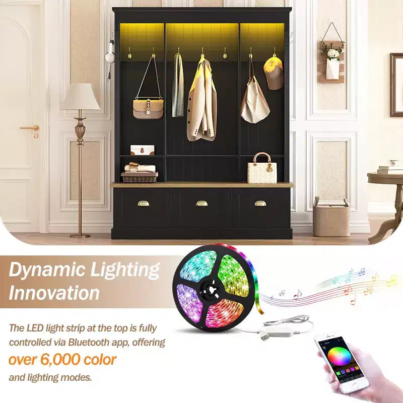 Porte-manteau de style ferme avec banc de rangement, armoires et lumières LED élégantes