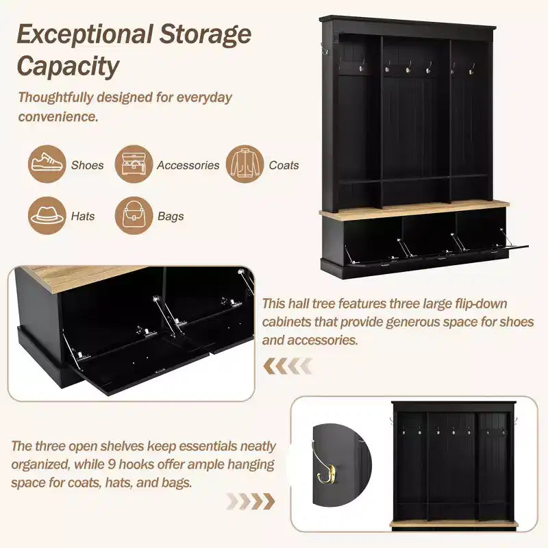 Porte-manteau de style ferme avec banc de rangement, armoires et lumières LED élégantes