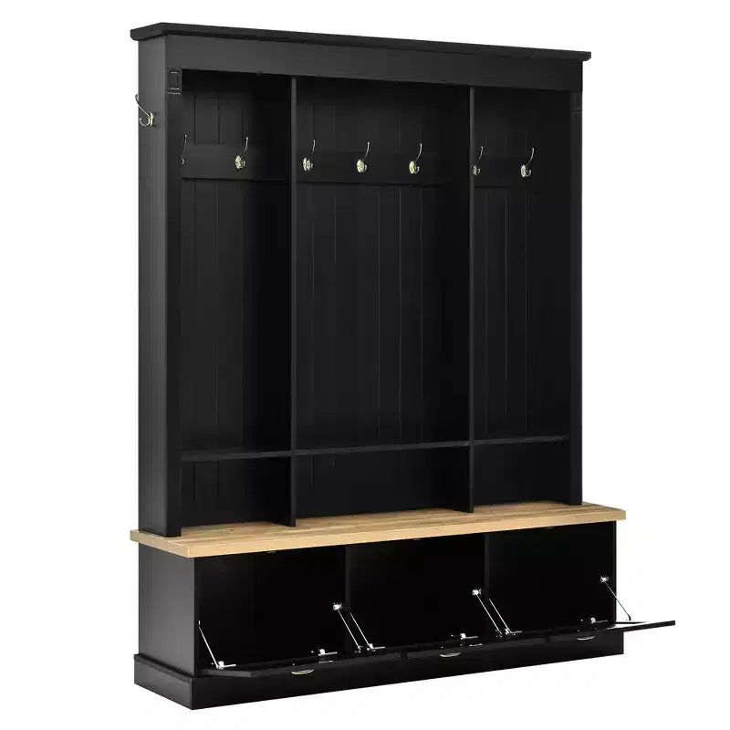 Porte-manteau de style ferme avec banc de rangement, armoires et lumières LED élégantes