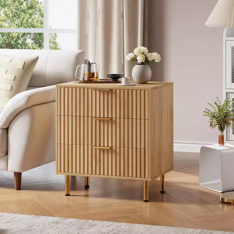 Dresser 3 Drawer Natural Wooden Chest of Drawers Fluted Modern Nightstand with Deep Drawers