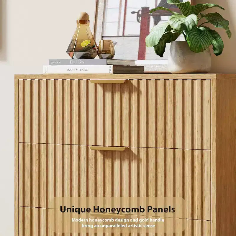 Commode en bois naturel, table de chevet moderne cannelée