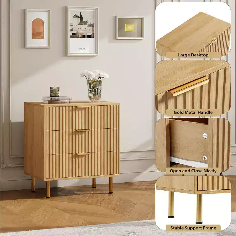 Commode en bois naturel, table de chevet moderne cannelée