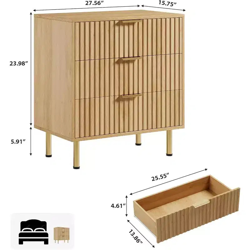 Commode en bois naturel, table de chevet moderne cannelée