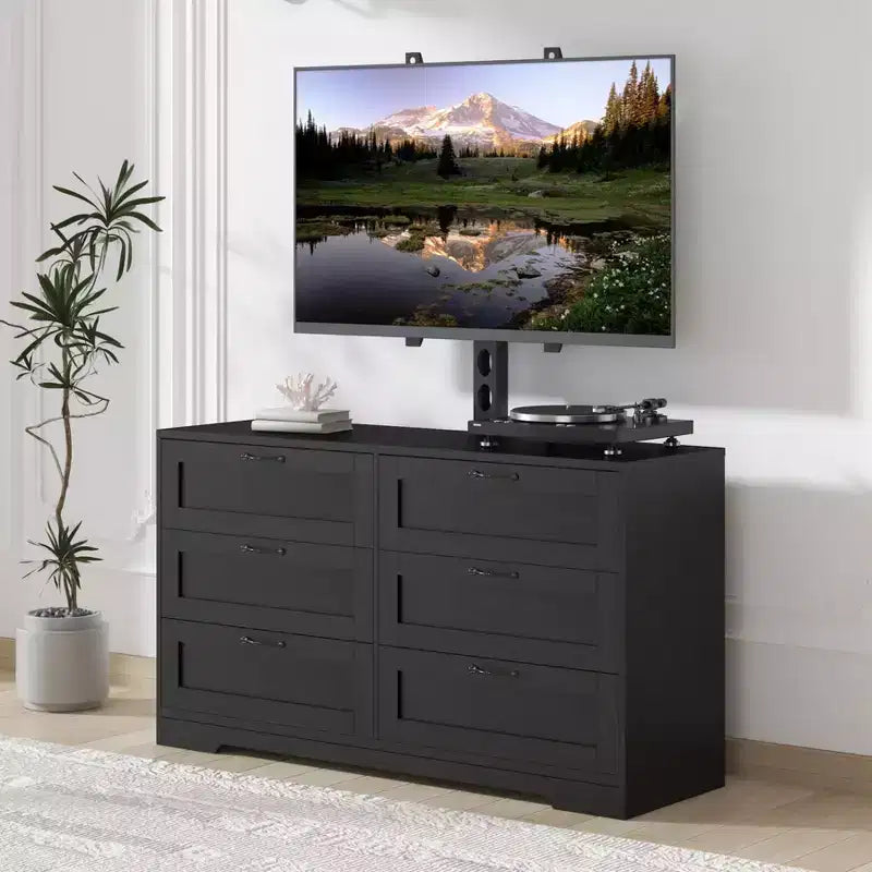 TV Stand with Mount and 6 Drawers Storage for 32/45/55/65/75/80 Inch TVs Black Entertainment Center for Bedroom Living Room Wood Media Console Tables
