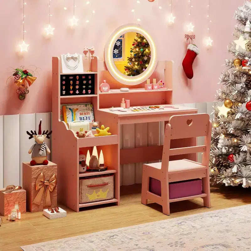 Coiffeuse Enfant avec Lumières Rangement Bijoux Étagères Ouvertes Table et Chaise Coiffeuse pour Tout-Petits 2 en 1