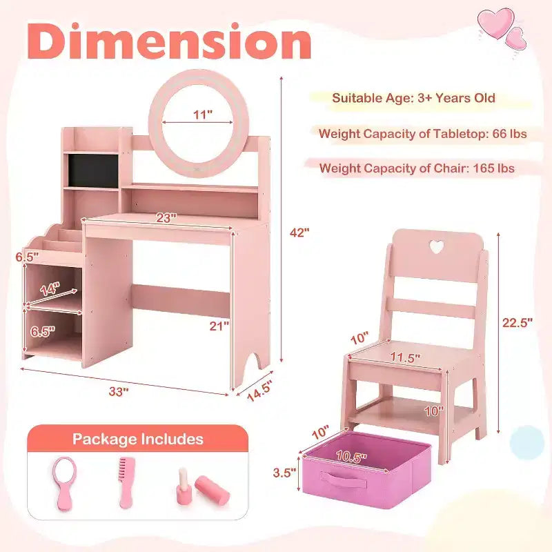 Coiffeuse Enfant avec Lumières Rangement Bijoux Étagères Ouvertes Table et Chaise Coiffeuse pour Tout-Petits 2 en 1