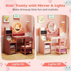 Coiffeuse Enfant avec Lumières Rangement Bijoux Étagères Ouvertes Table et Chaise Coiffeuse pour Tout-Petits 2 en 1