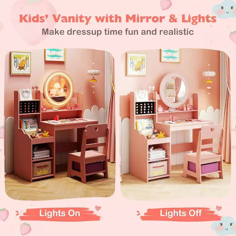 Coiffeuse Enfant avec Lumières Rangement Bijoux Étagères Ouvertes Table et Chaise Coiffeuse pour Tout-Petits 2 en 1