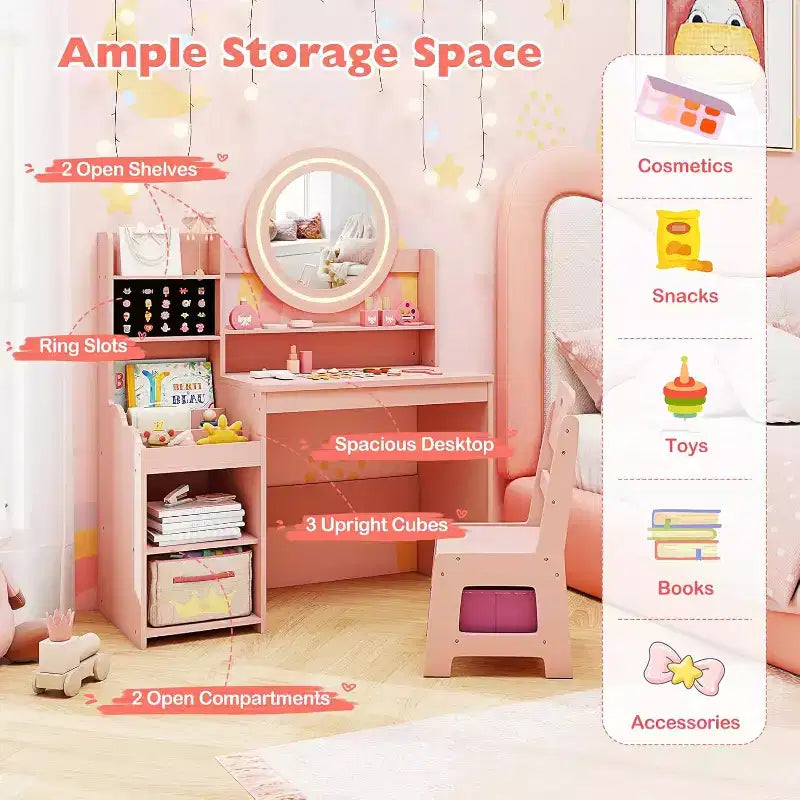 Coiffeuse Enfant avec Lumières Rangement Bijoux Étagères Ouvertes Table et Chaise Coiffeuse pour Tout-Petits 2 en 1
