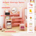 Coiffeuse Enfant avec Lumières Rangement Bijoux Étagères Ouvertes Table et Chaise Coiffeuse pour Tout-Petits 2 en 1