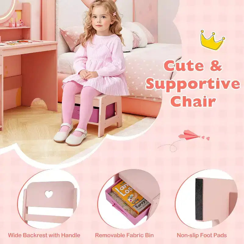 Coiffeuse Enfant avec Lumières Rangement Bijoux Étagères Ouvertes Table et Chaise Coiffeuse pour Tout-Petits 2 en 1