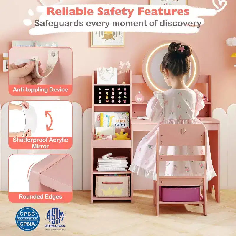 Coiffeuse Enfant avec Lumières Rangement Bijoux Étagères Ouvertes Table et Chaise Coiffeuse pour Tout-Petits 2 en 1