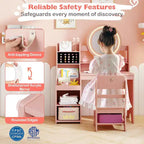 Coiffeuse Enfant avec Lumières Rangement Bijoux Étagères Ouvertes Table et Chaise Coiffeuse pour Tout-Petits 2 en 1