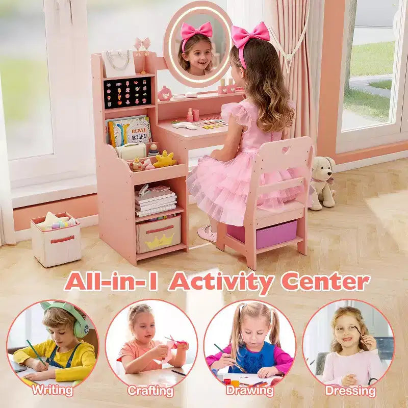 Coiffeuse Enfant avec Lumières Rangement Bijoux Étagères Ouvertes Table et Chaise Coiffeuse pour Tout-Petits 2 en 1