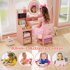Coiffeuse Enfant avec Lumières Rangement Bijoux Étagères Ouvertes Table et Chaise Coiffeuse pour Tout-Petits 2 en 1