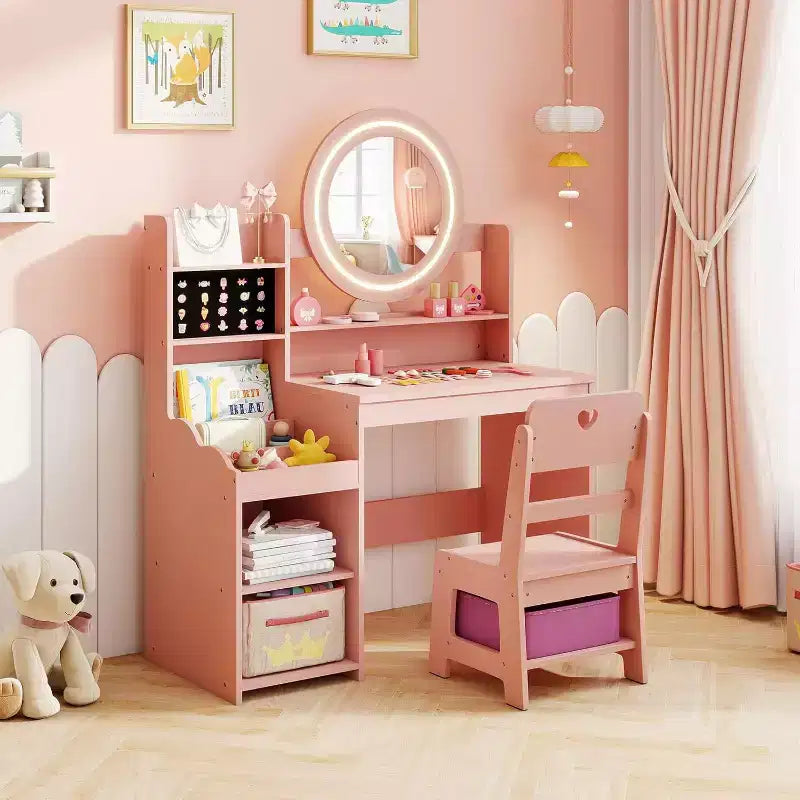 Coiffeuse Enfant avec Lumières Rangement Bijoux Étagères Ouvertes Table et Chaise Coiffeuse pour Tout-Petits 2 en 1