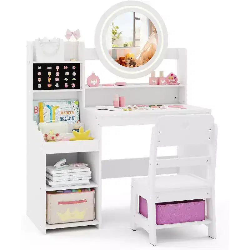 Coiffeuse Enfant avec Lumières Rangement Bijoux Étagères Ouvertes Table et Chaise Coiffeuse pour Tout-Petits 2 en 1