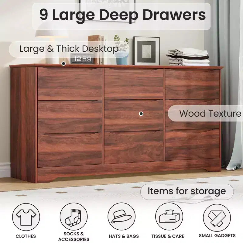 Commode haute et profonde moderne à 9 tiroirs en bois