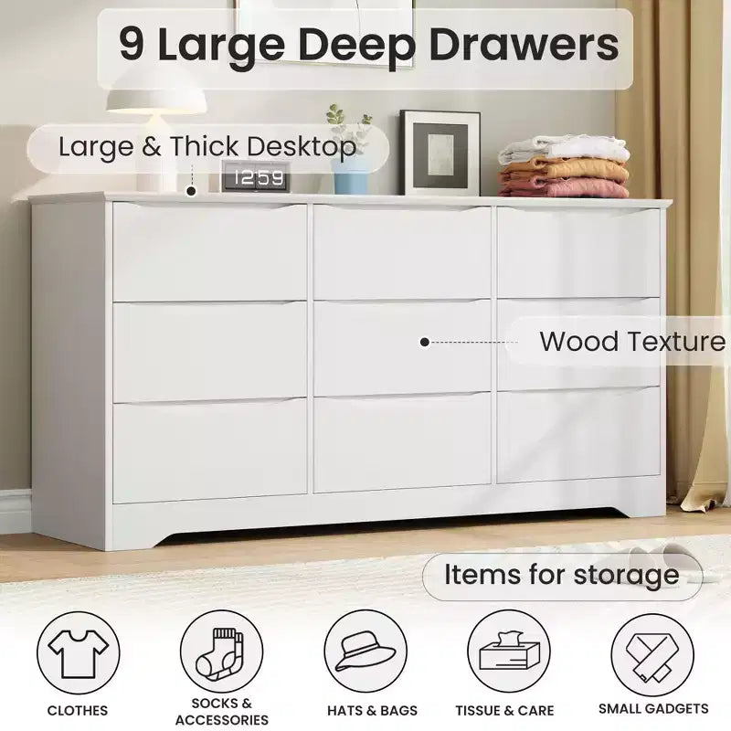 Commode haute et profonde moderne à 9 tiroirs en bois