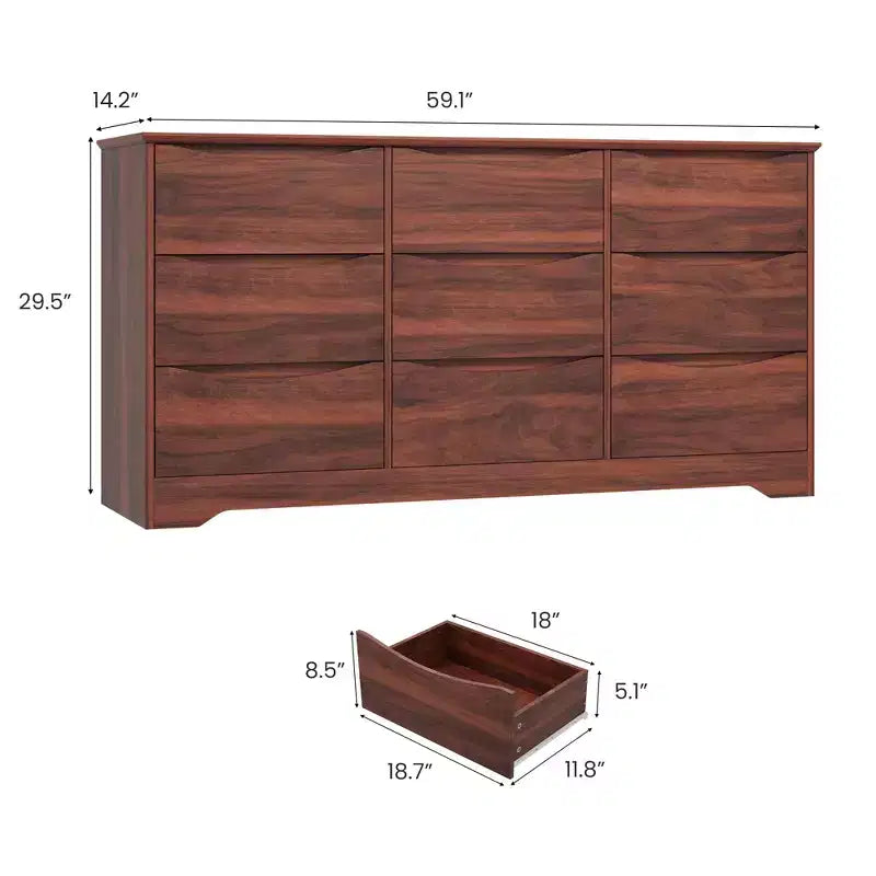 Commode haute et profonde moderne à 9 tiroirs en bois