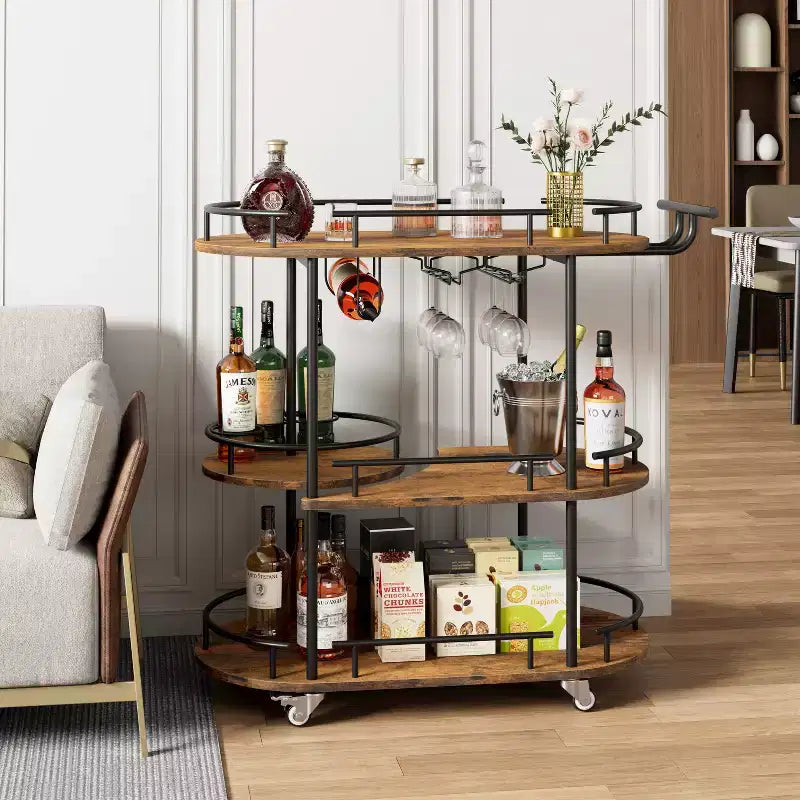 Bar Carts with 4-Tiers Storage Shelves Mobile Bar Seving Carts On Wheels with Wine Rack and Glass Holder for Kitchen Dining Room Living Room