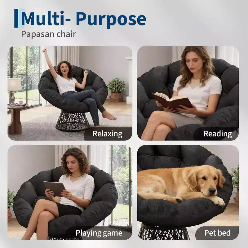 Fauteuil Papasan ergonomique en osier avec coussin en tissu doux ultra épais