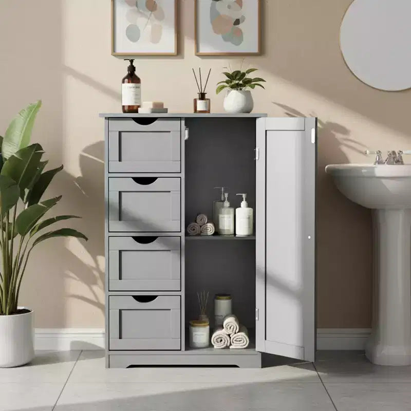 Meuble de rangement de salle de bain gris avec 4 tiroirs et 1 porte