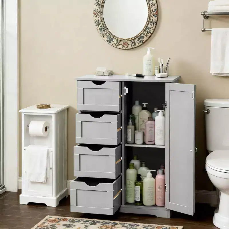 Meuble de rangement de salle de bain gris avec 4 tiroirs et 1 porte