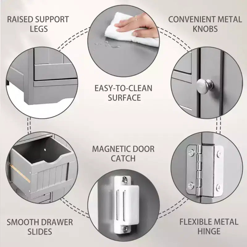 Meuble de rangement de salle de bain gris avec 4 tiroirs et 1 porte