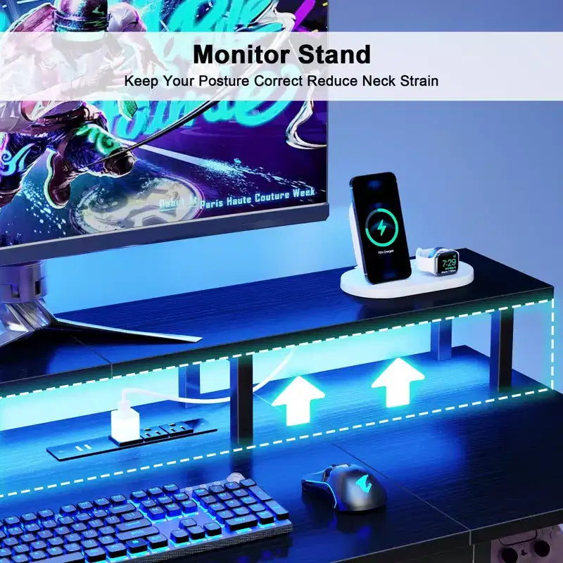 Bureau d'ordinateur noir avec station de charge, bureau de jeu réversible, lumières LED