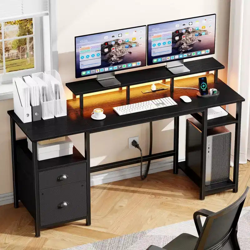 Bureau d'ordinateur noir avec station de charge, bureau de jeu réversible, lumières LED
