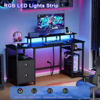 Bureau d'ordinateur noir avec station de charge, bureau de jeu réversible, lumières LED