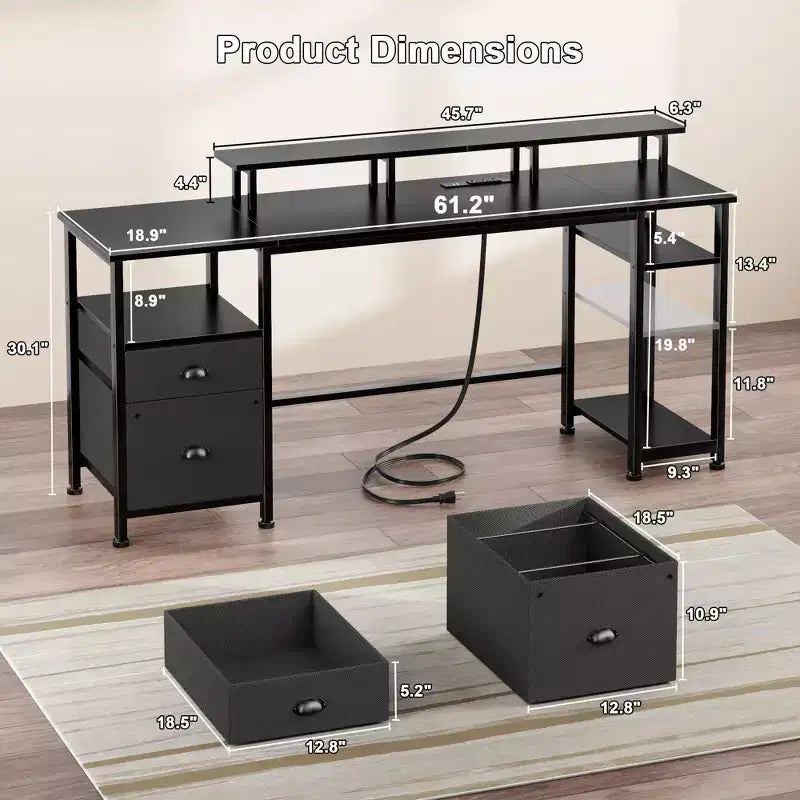 Bureau d'ordinateur noir avec station de charge, bureau de jeu réversible, lumières LED