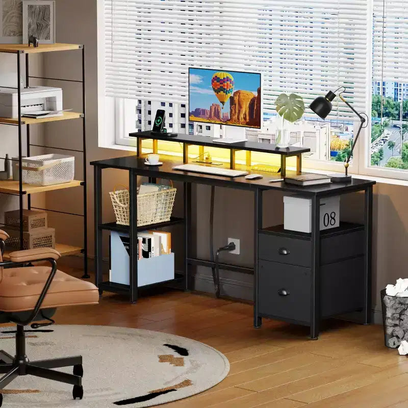 Bureau d'ordinateur noir avec station de charge, bureau de jeu réversible, lumières LED