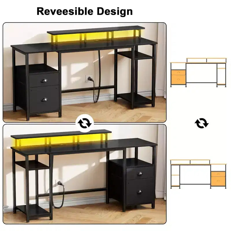 Bureau d'ordinateur noir avec station de charge, bureau de jeu réversible, lumières LED