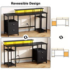 Bureau d'ordinateur noir avec station de charge, bureau de jeu réversible, lumières LED