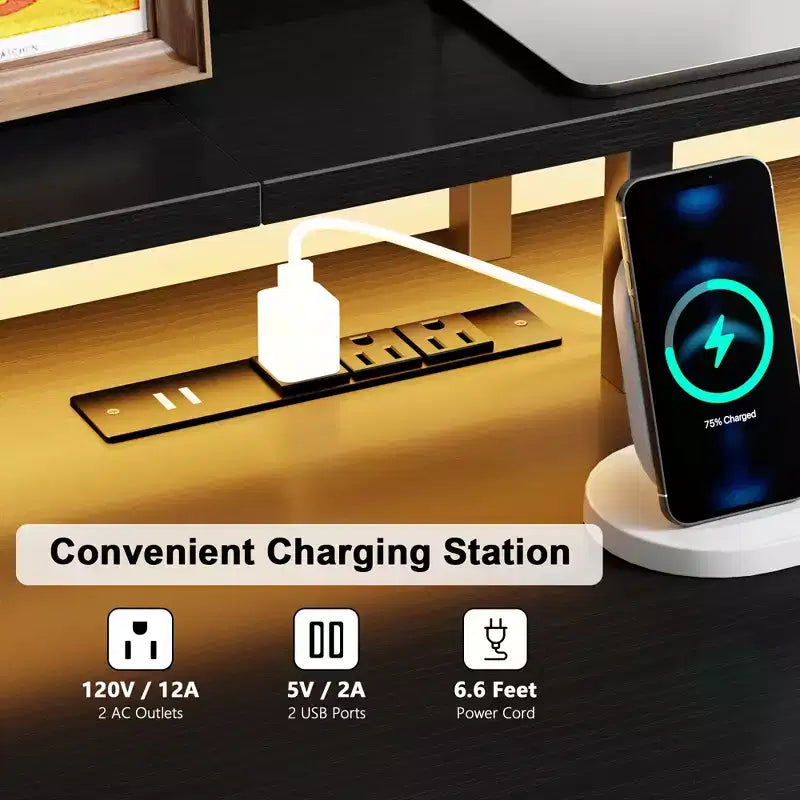 Bureau d'ordinateur noir avec station de charge, bureau de jeu réversible, lumières LED