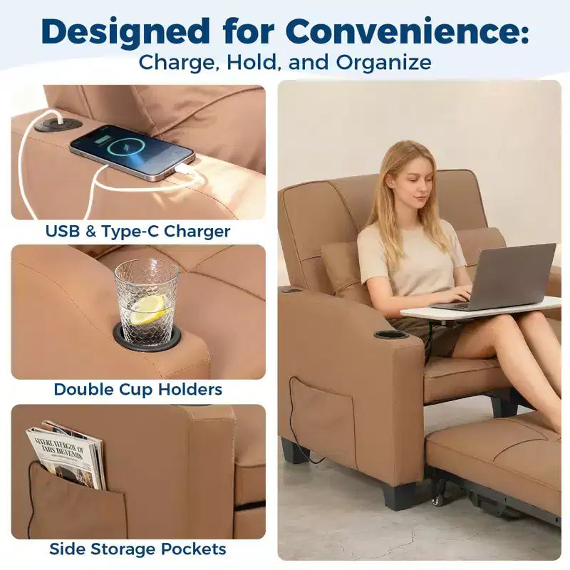 Canapé-lit convertible 4-en-1 avec oreiller de massage - USB/Type-C et porte-gobelets