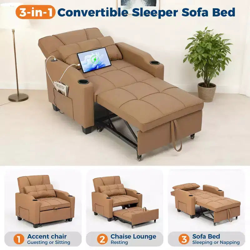 Canapé-lit convertible 4-en-1 avec oreiller de massage - USB/Type-C et porte-gobelets