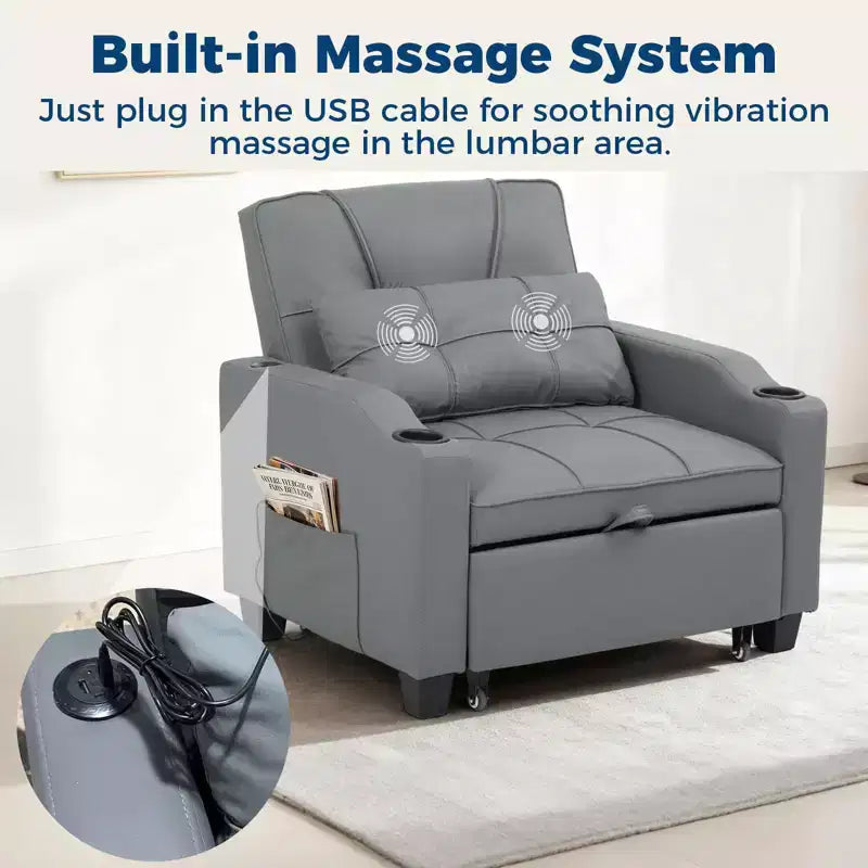 Canapé-lit convertible 4-en-1 avec oreiller de massage - USB/Type-C et porte-gobelets