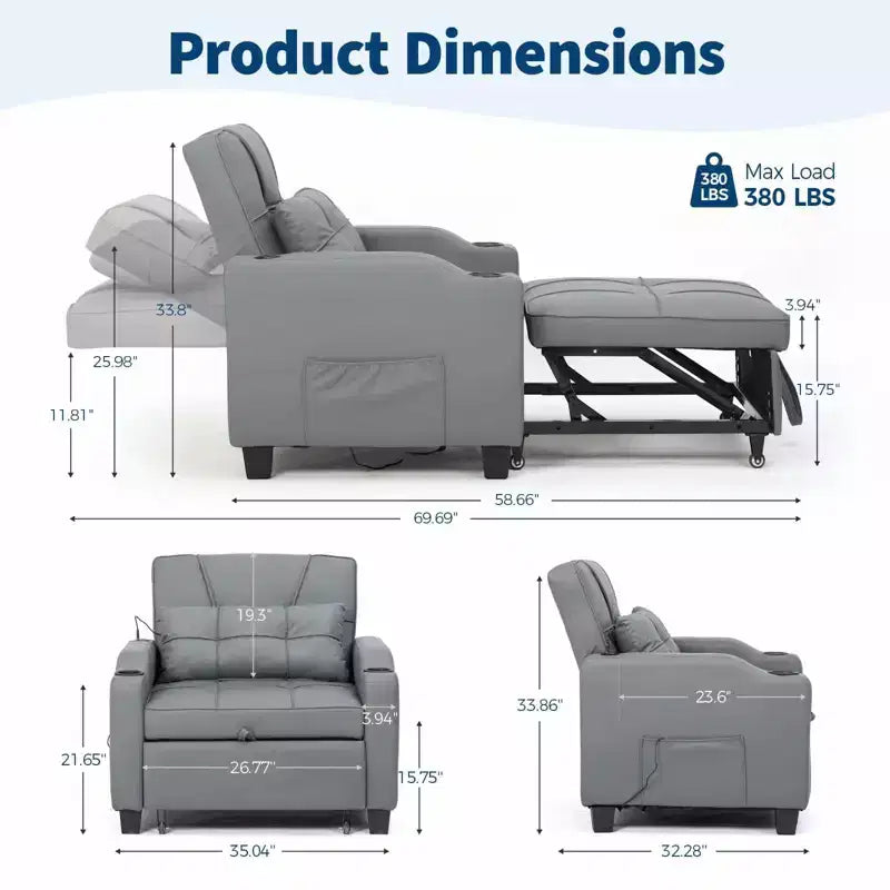 Canapé-lit convertible 4-en-1 avec oreiller de massage - USB/Type-C et porte-gobelets