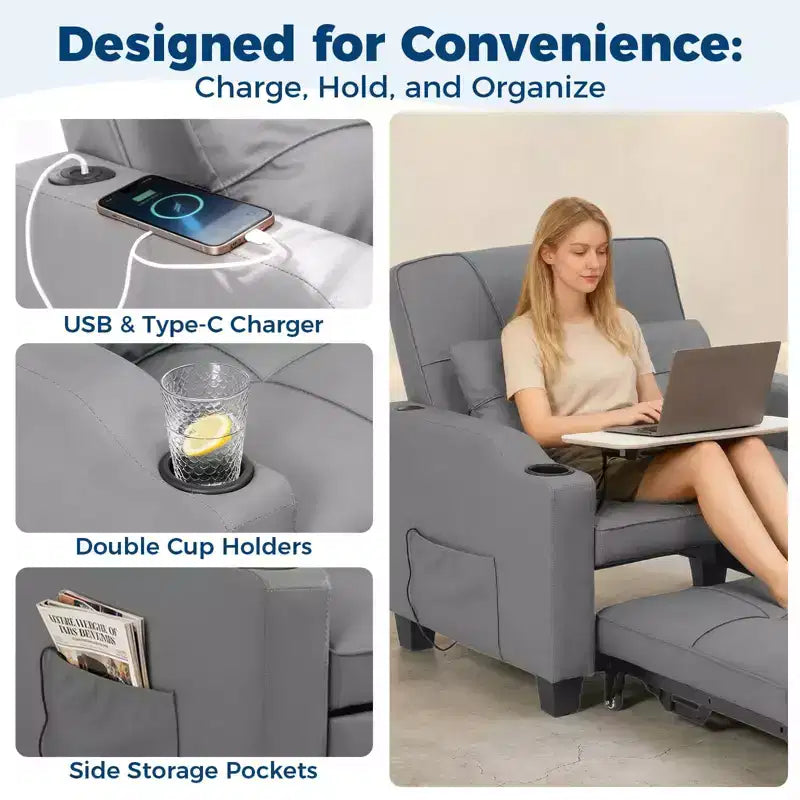 Canapé-lit convertible 4-en-1 avec oreiller de massage - USB/Type-C et porte-gobelets