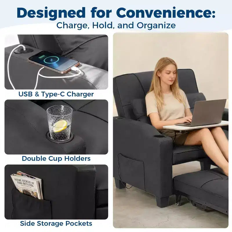 Canapé-lit convertible 4-en-1 avec oreiller de massage - USB/Type-C et porte-gobelets