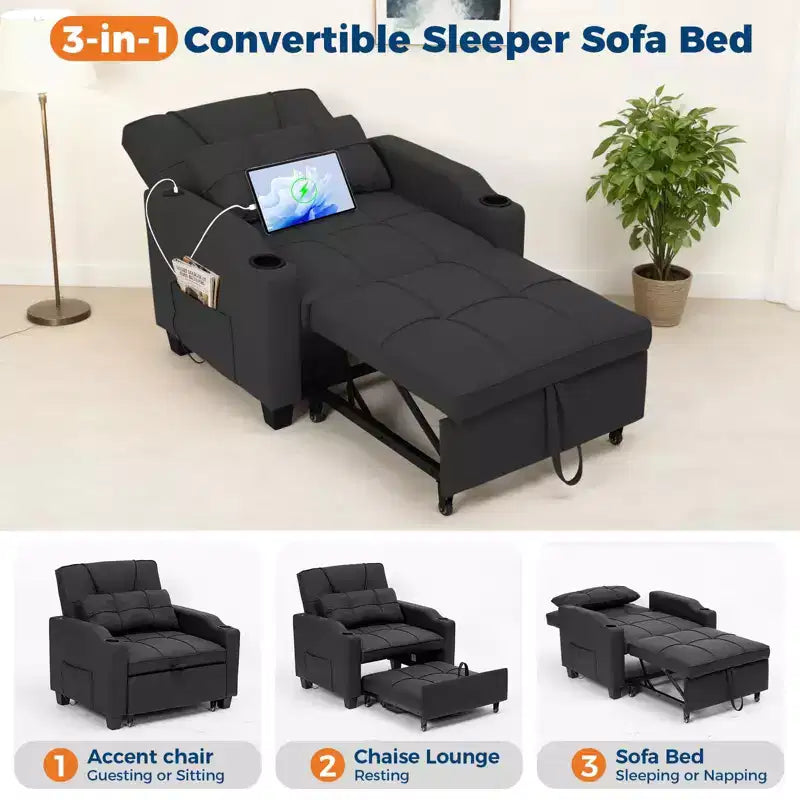 Canapé-lit convertible 4-en-1 avec oreiller de massage - USB/Type-C et porte-gobelets