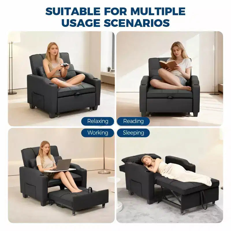 Canapé-lit convertible 4-en-1 avec oreiller de massage - USB/Type-C et porte-gobelets
